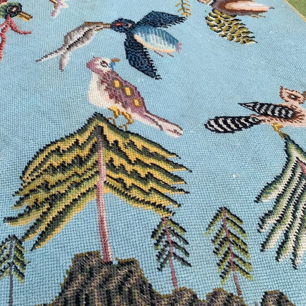 Vintage Needlepoint Colorful Bird and Hunter Tapestry